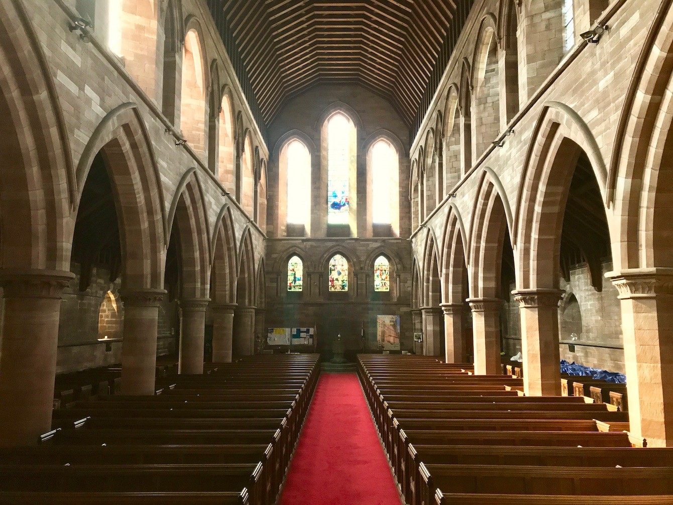 The inside of St. Chad's Church Kirkby looking westwards.